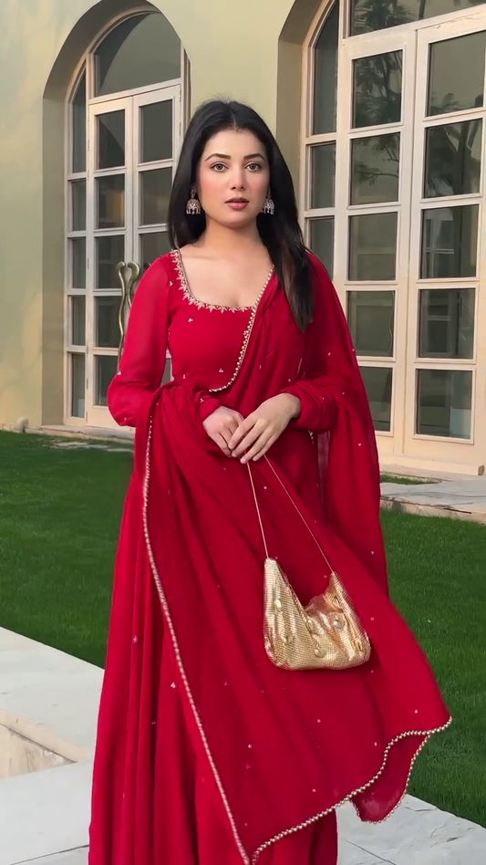 Beautiful Radiant Red Hand Work Festive Anarkali Set