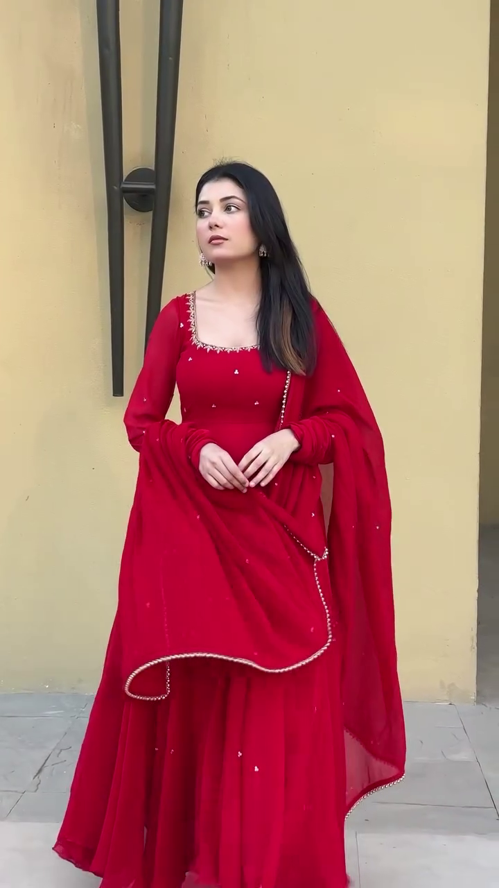 Beautiful Radiant Red Hand Work Festive Anarkali Set