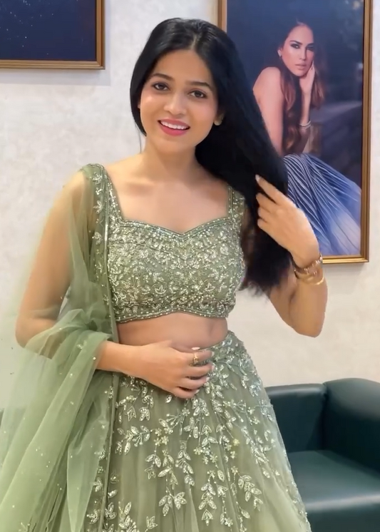 Elegant Sage Pista Green Soft Net Lehenga Choli with Dori, Thread & Sequin Embroidery Work