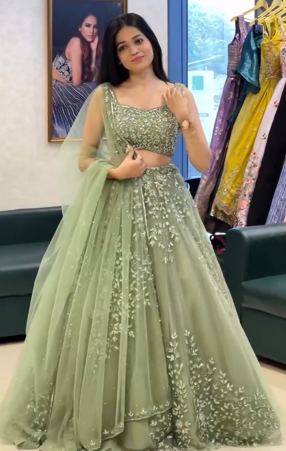 Elegant Sage Pista Green Soft Net Lehenga Choli with Dori, Thread & Sequin Embroidery Work
